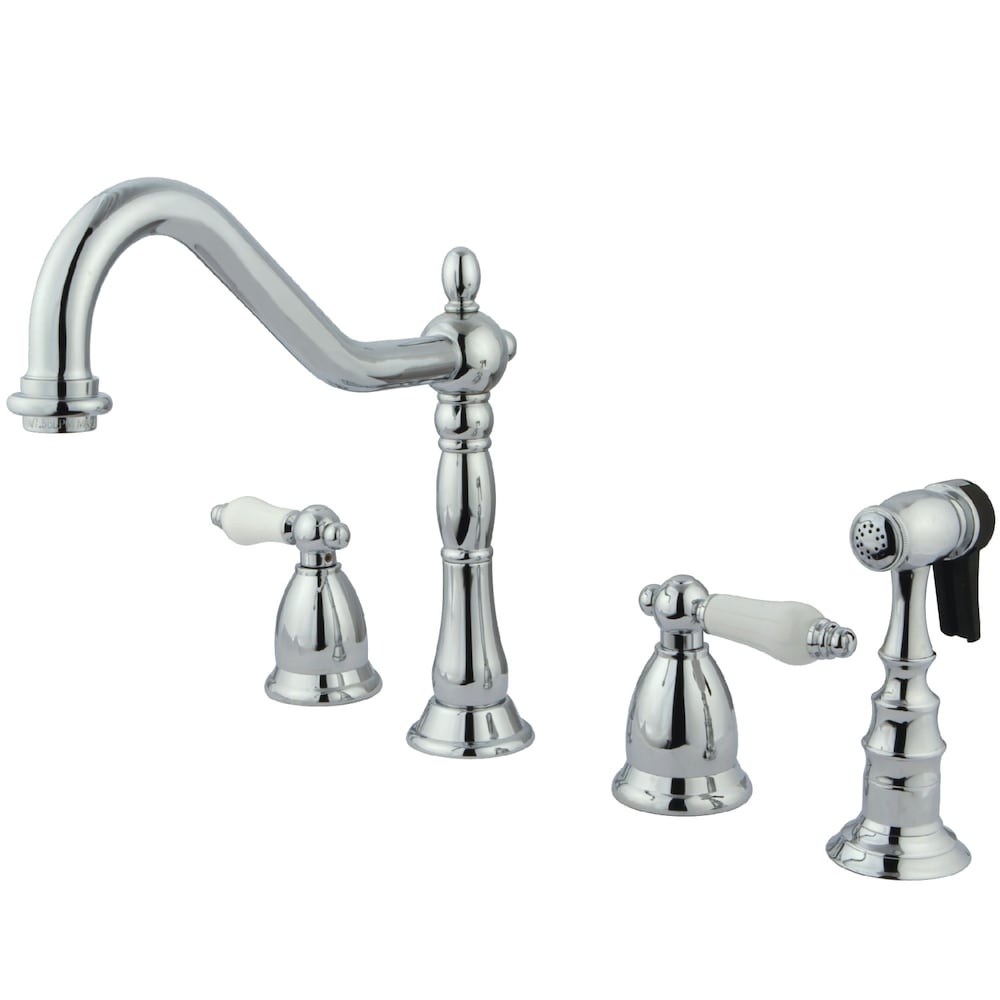 Robinet de cuisine standard à 2 poignées en porcelaine Heritage avec pulvérisateur latéral en chrome poli