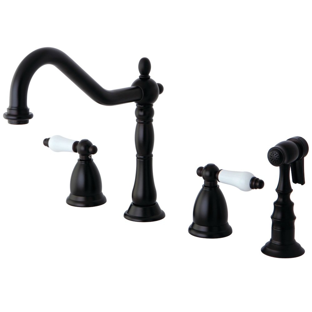 Robinet de cuisine standard à 2 poignées en porcelaine Heritage avec pulvérisateur latéral en bronze huilé