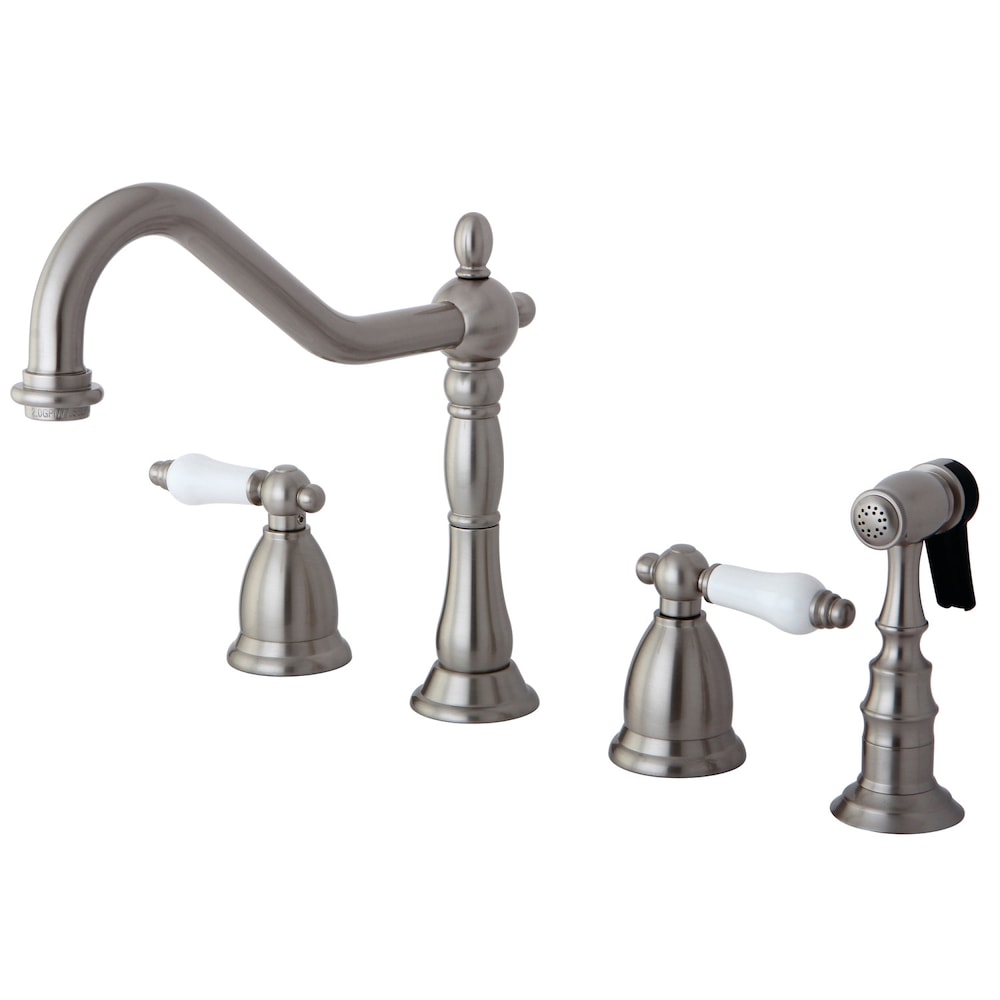 Robinet de cuisine standard à 2 poignées en porcelaine Heritage avec pulvérisateur latéral en nickel brossé