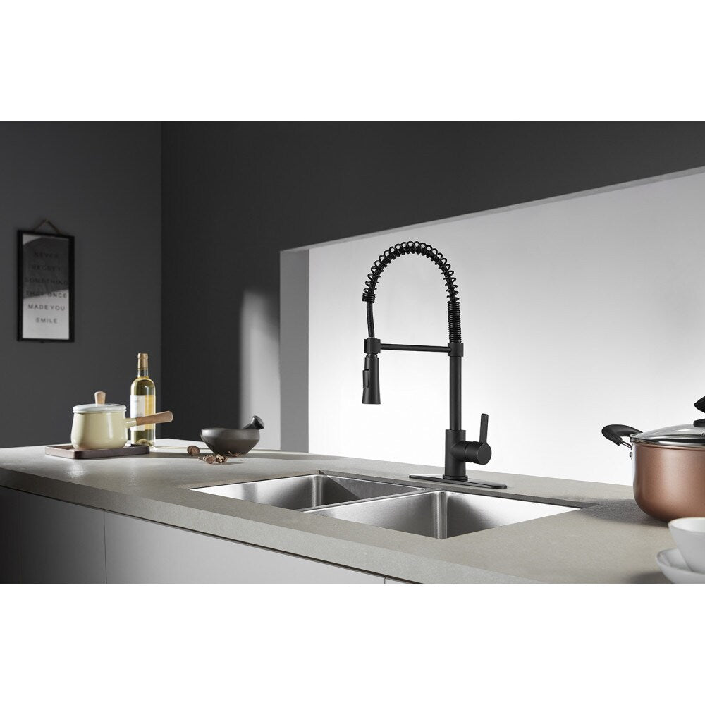 Robinet de cuisine moderne à poignée unique et pulvérisateur rétractable en noir mat