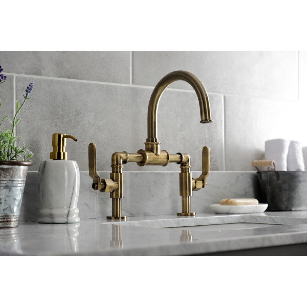 Industrial Bridge 8 inch Widespread 2-Handle Bathroom Faucet in Antique Brass
