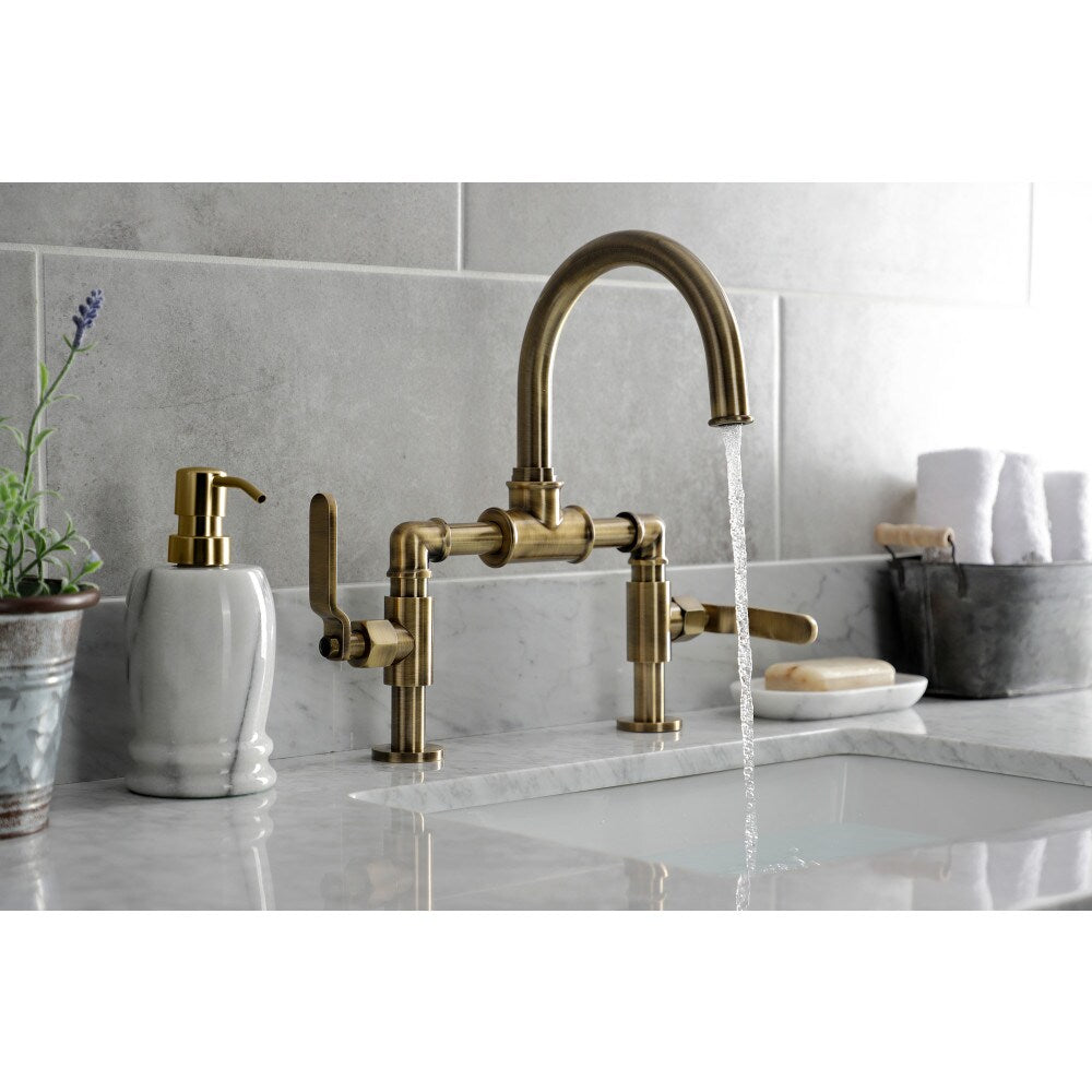 Industrial Bridge 8 inch Widespread 2-Handle Bathroom Faucet in Antique Brass