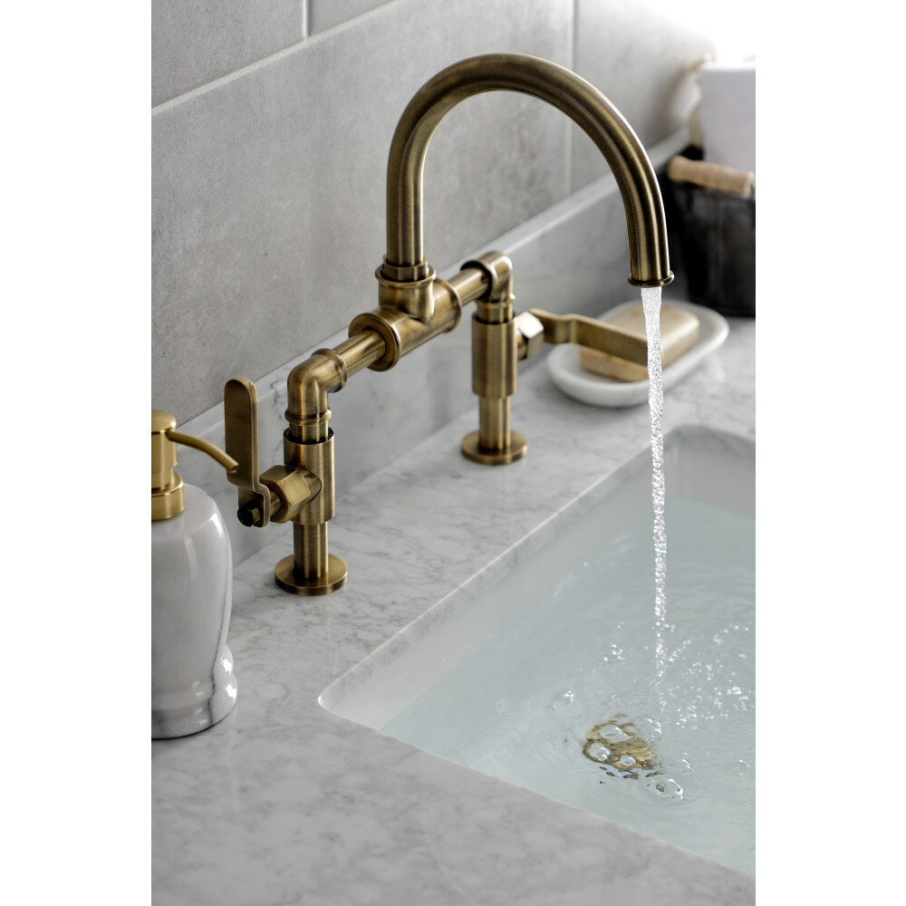 Industrial Bridge 8 inch Widespread 2-Handle Bathroom Faucet in Antique Brass