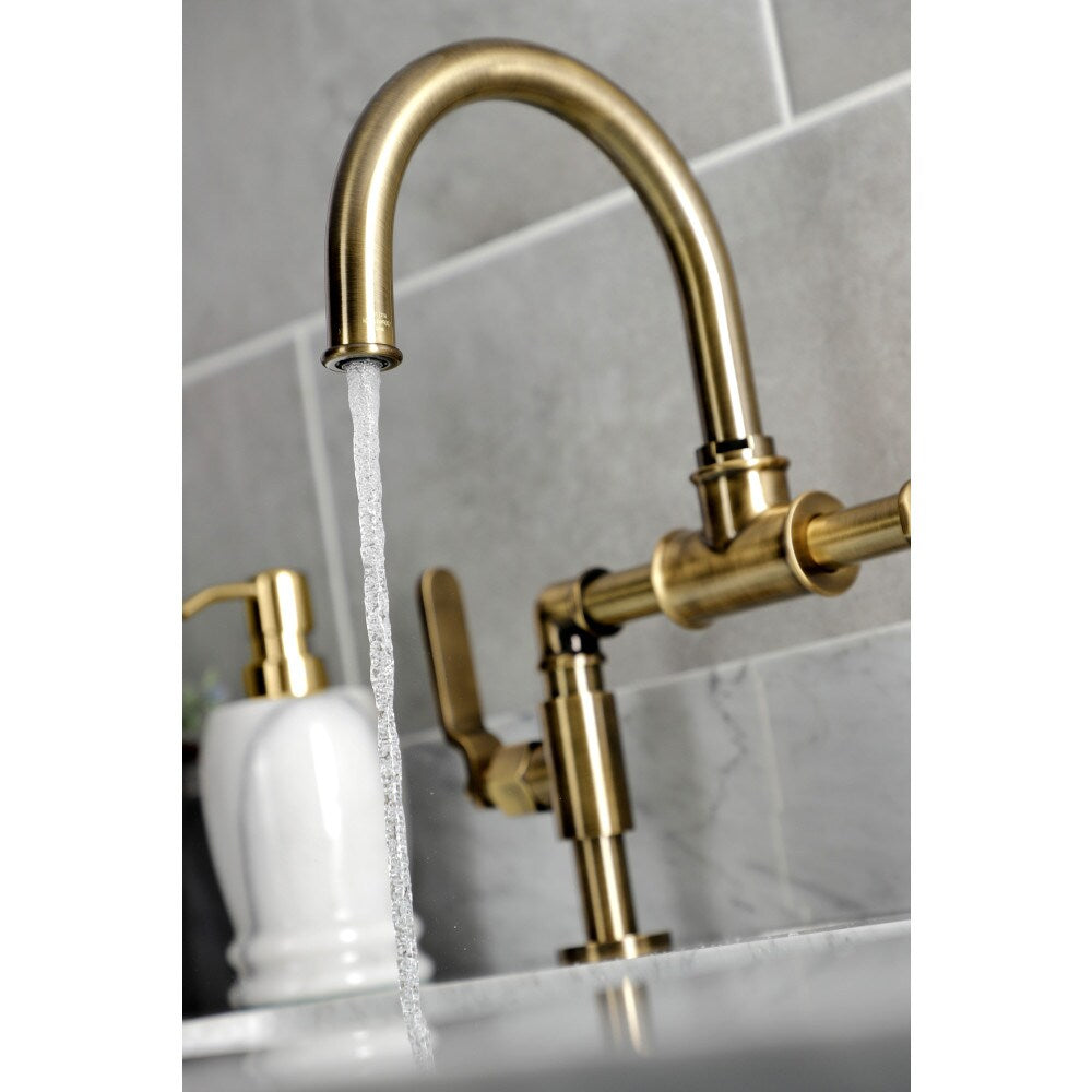 Industrial Bridge 8 inch Widespread 2-Handle Bathroom Faucet in Antique Brass
