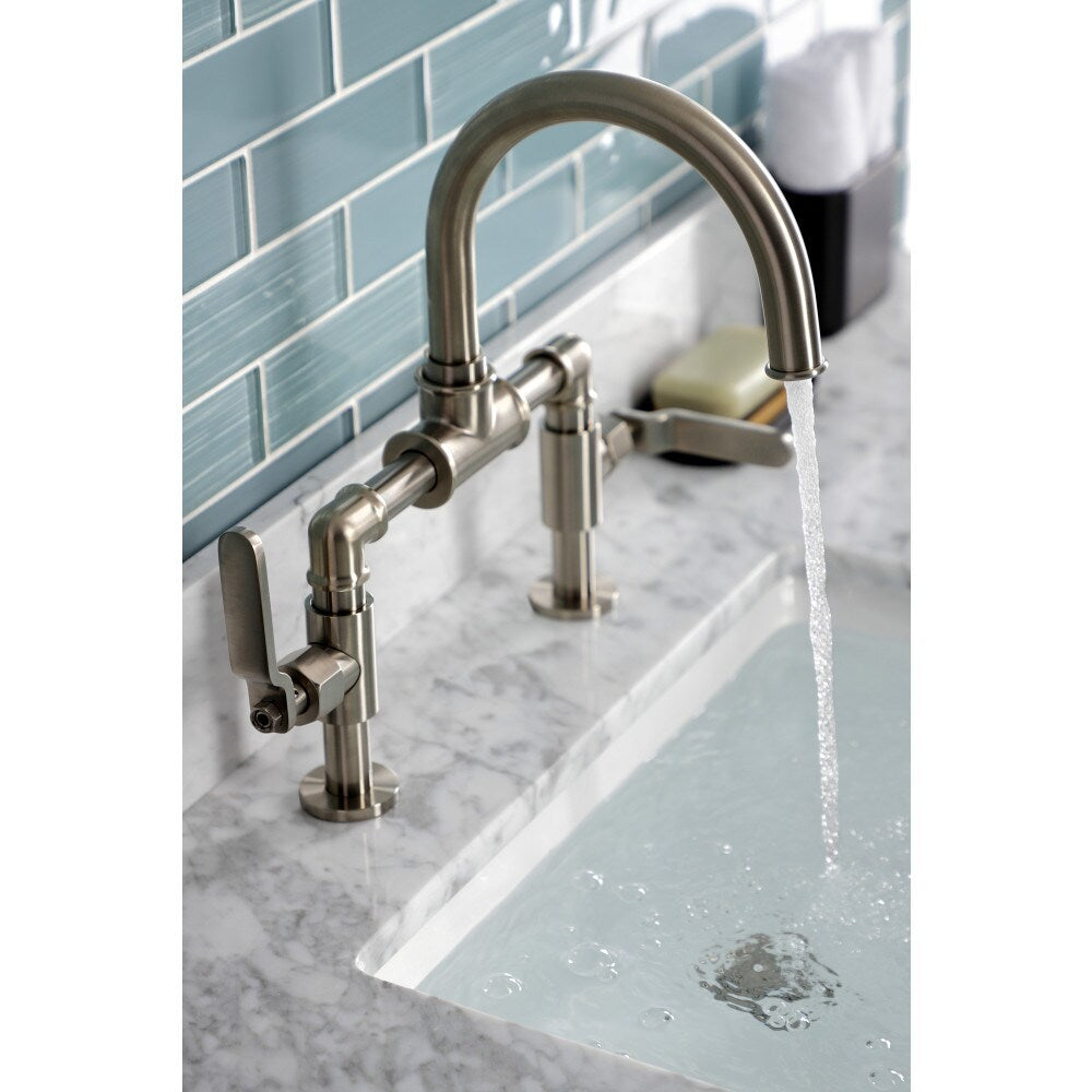 Industrial Bridge 8 inch Widespread 2-Handle Bathroom Faucet in Brushed Nickel