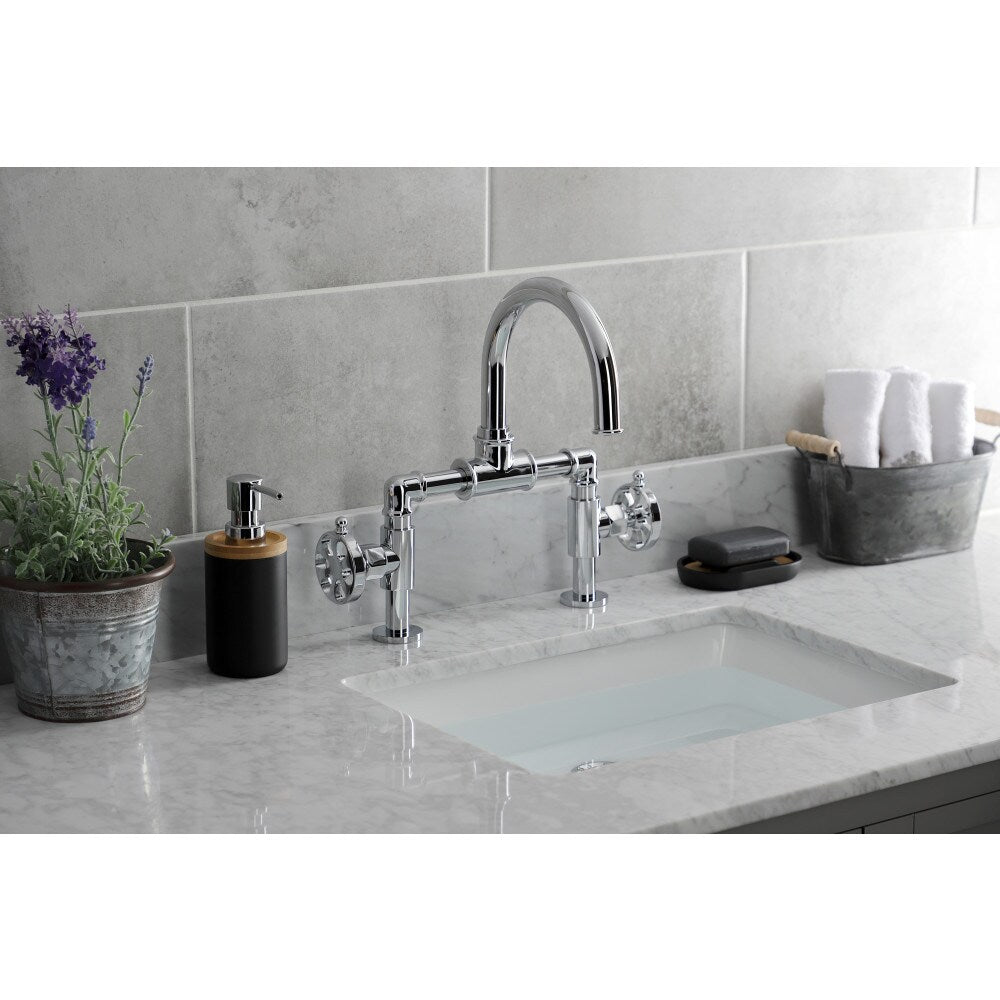 Industrial Wheel Bridge 8 inch Widespread 2-Handle Bathroom Faucet in Polished Chrome