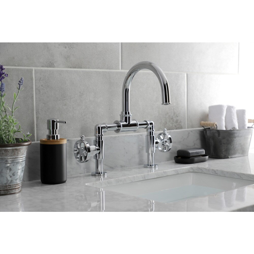 Industrial Wheel Bridge 8 inch Widespread 2-Handle Bathroom Faucet in Polished Chrome