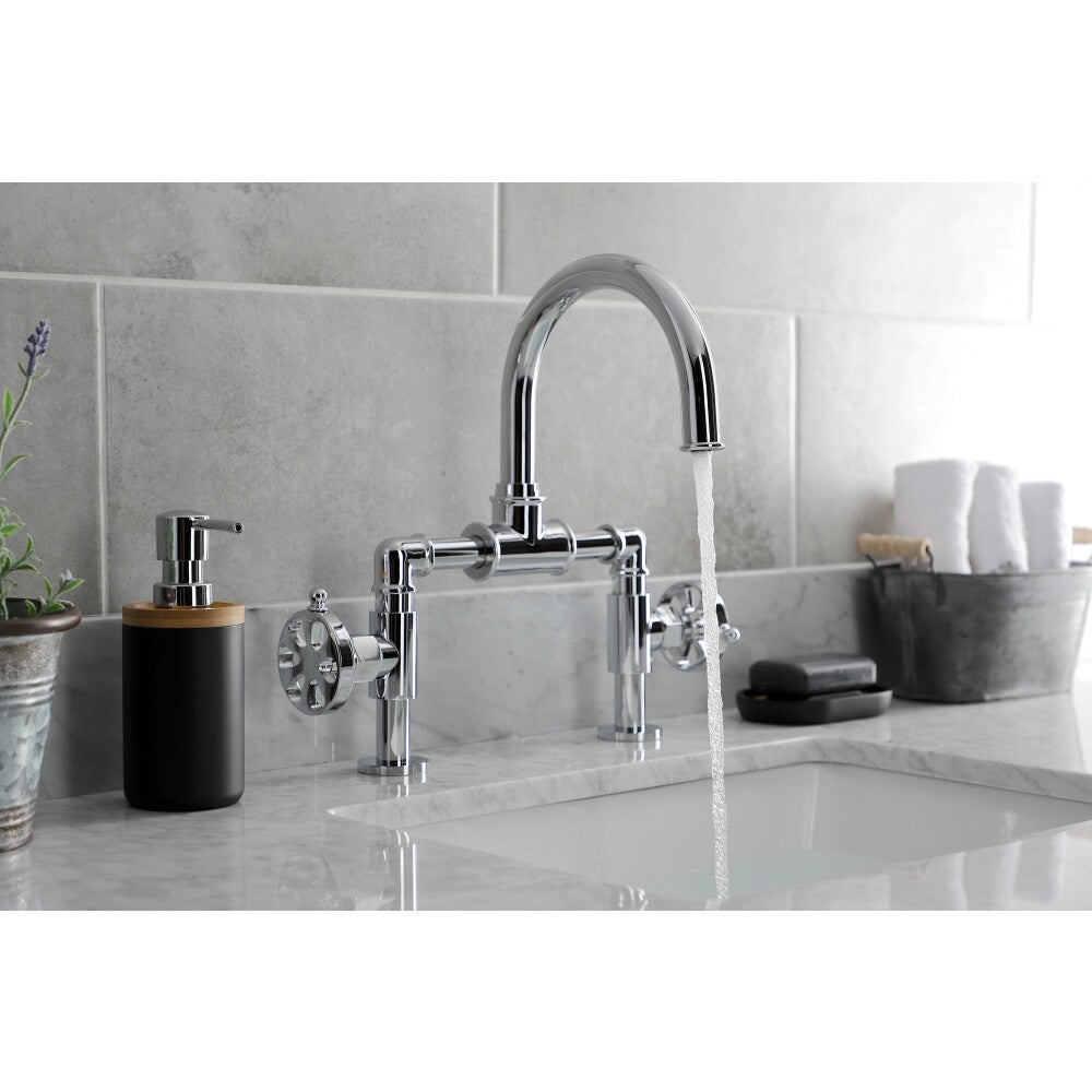Industrial Wheel Bridge 8 inch Widespread 2-Handle Bathroom Faucet in Polished Chrome