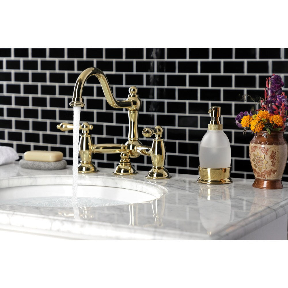 Restoration Bridge 8-inch Widespread 2-Handle Bathroom Faucet in Polished Brass