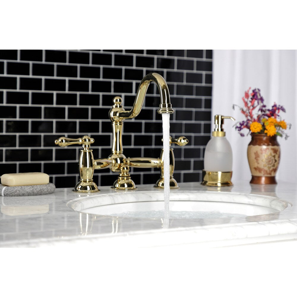 Restoration Bridge 8-inch Widespread 2-Handle Bathroom Faucet in Polished Brass