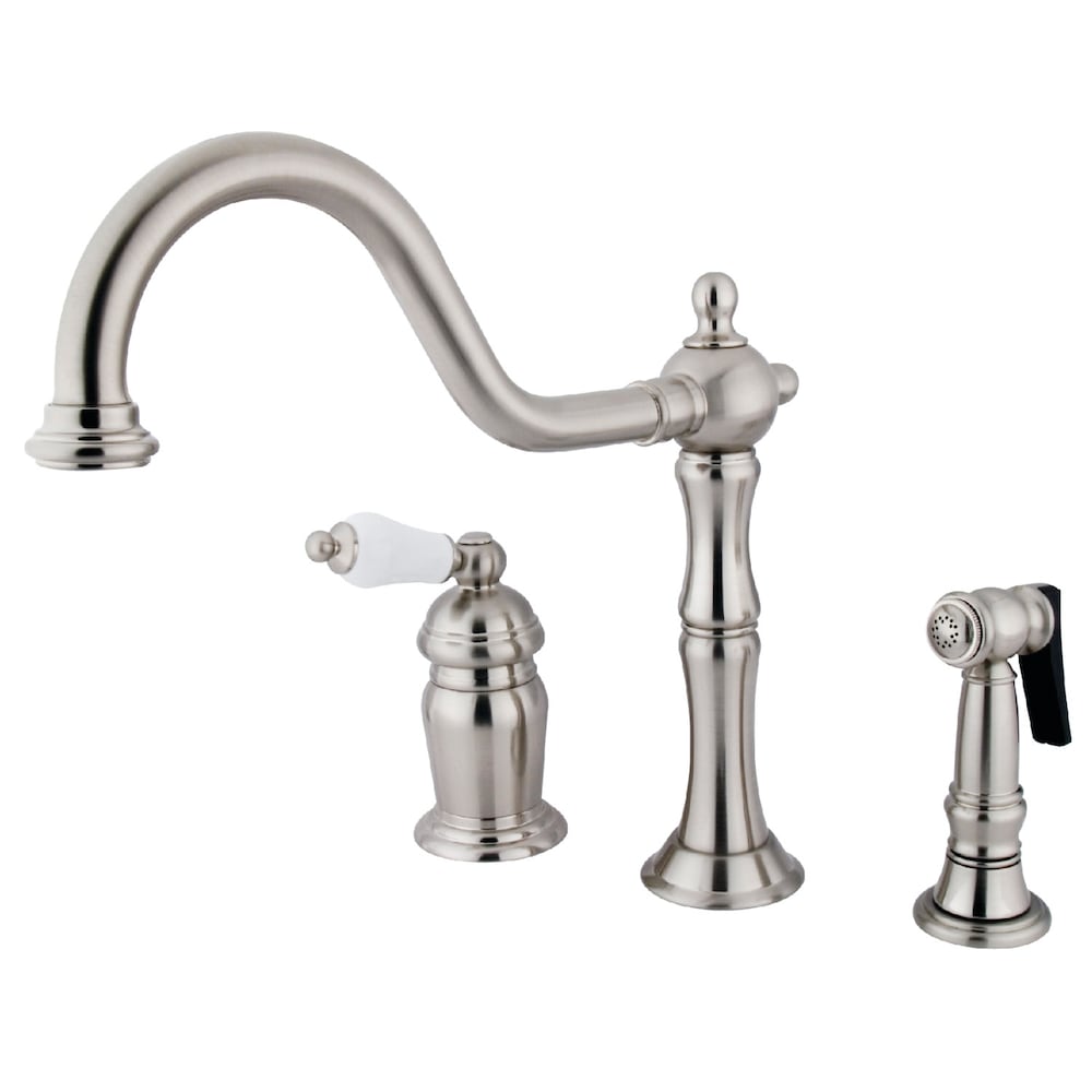Robinet de cuisine standard à poignée unique en porcelaine Heritage avec pulvérisateur latéral en nickel brossé