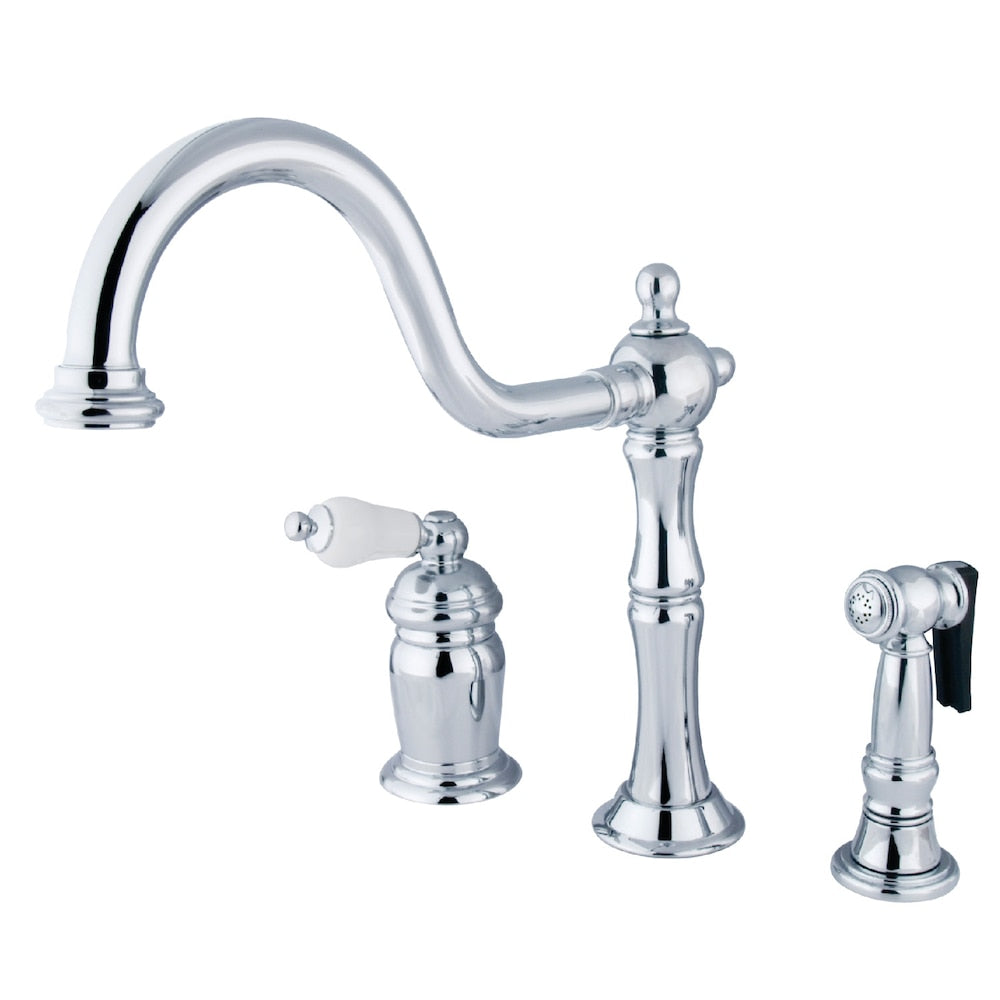 Robinet de cuisine standard à poignée unique en porcelaine Heritage avec pulvérisateur latéral en chrome poli