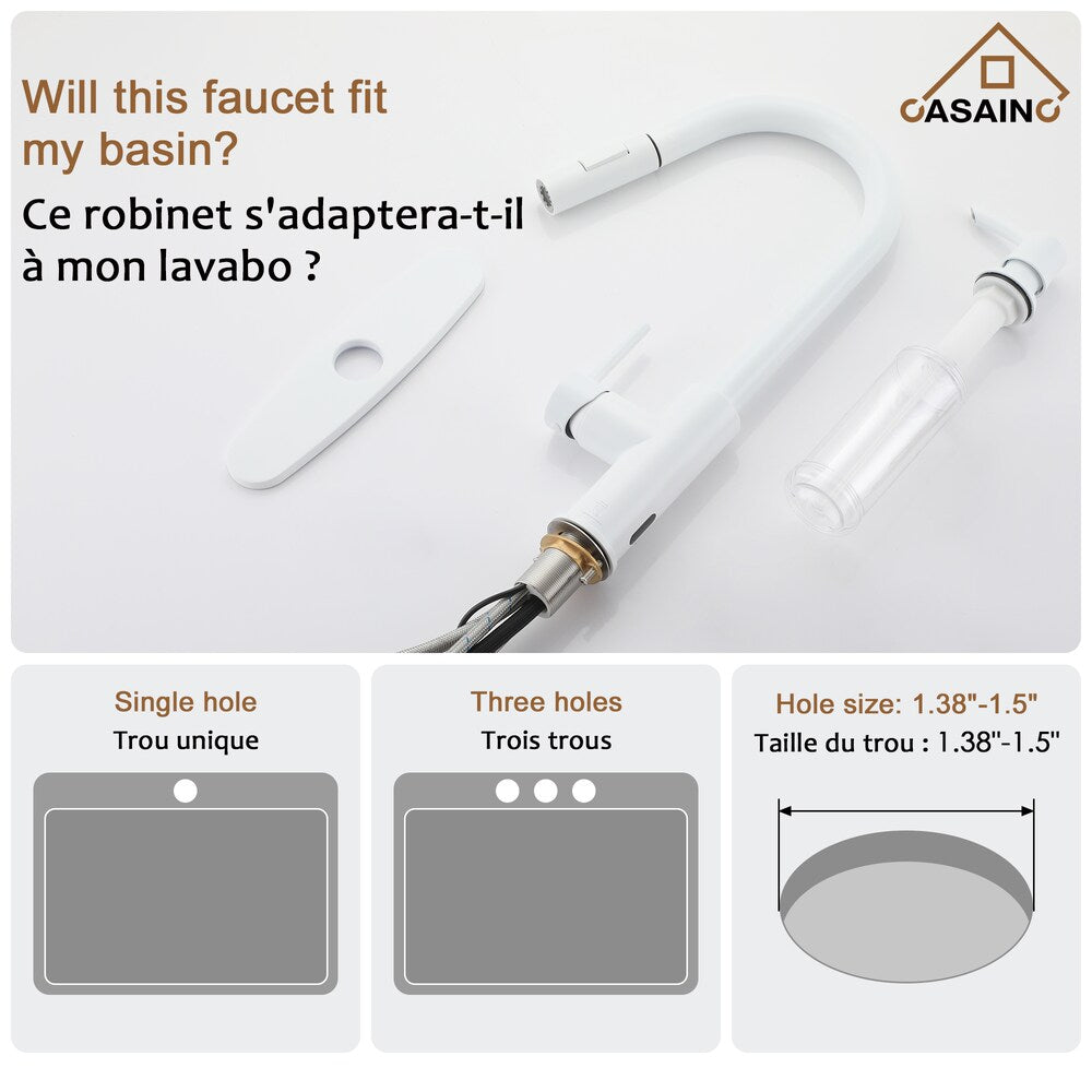 Robinet de cuisine à poignée unique avec pulvérisateur rétractable de 1,8 GPM en blanc mat