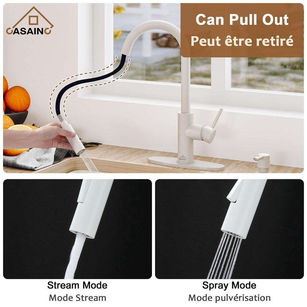 Robinet de cuisine à poignée unique avec pulvérisateur rétractable de 1,8 GPM en blanc mat