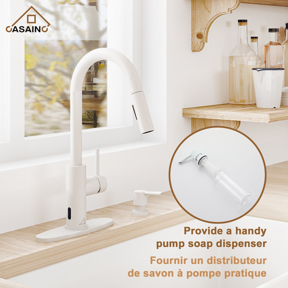 Robinet de cuisine à poignée unique avec pulvérisateur rétractable de 1,8 GPM en blanc mat