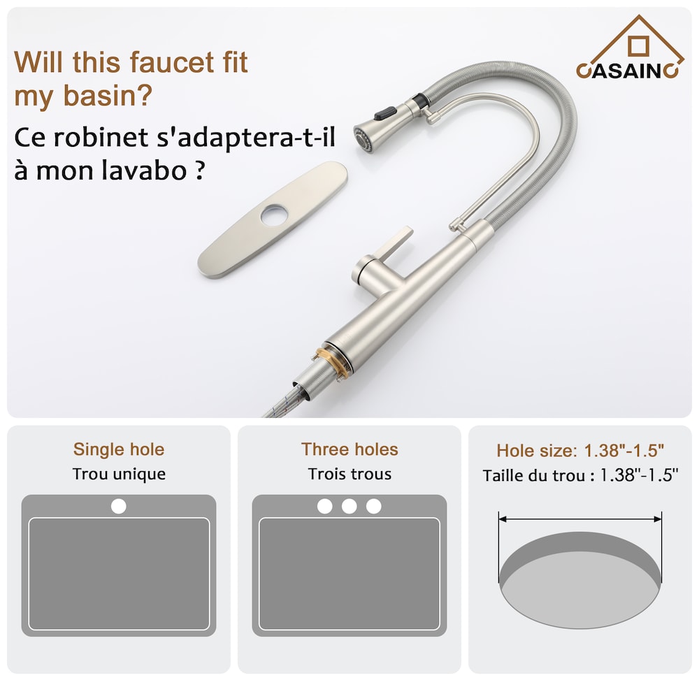 Robinet de cuisine à ressort à poignée unique et pulvérisateur rétractable de 1,8 GPM en nickel brossé