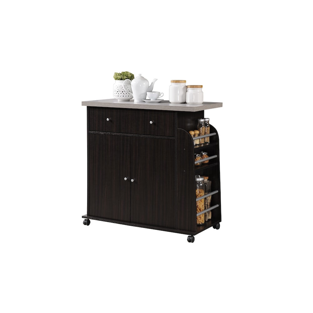 35.5-inch W Engineered Wood Kitchen Cart with Spice Rack in Chocolate-Grey
