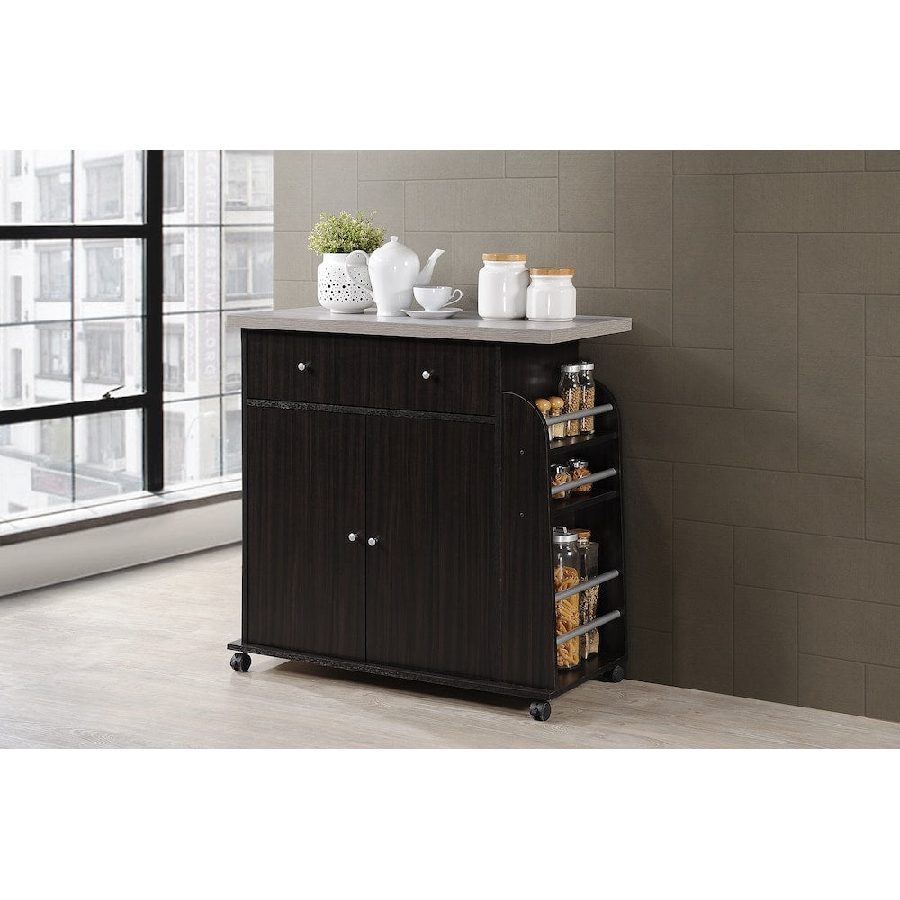 35.5-inch W Engineered Wood Kitchen Cart with Spice Rack in Chocolate-Grey