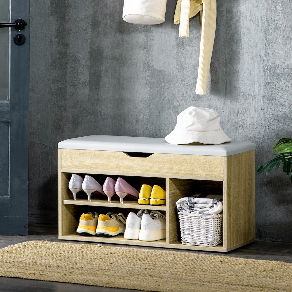 Banc à chaussures avec étagère à 2 niveaux et siège rembourré