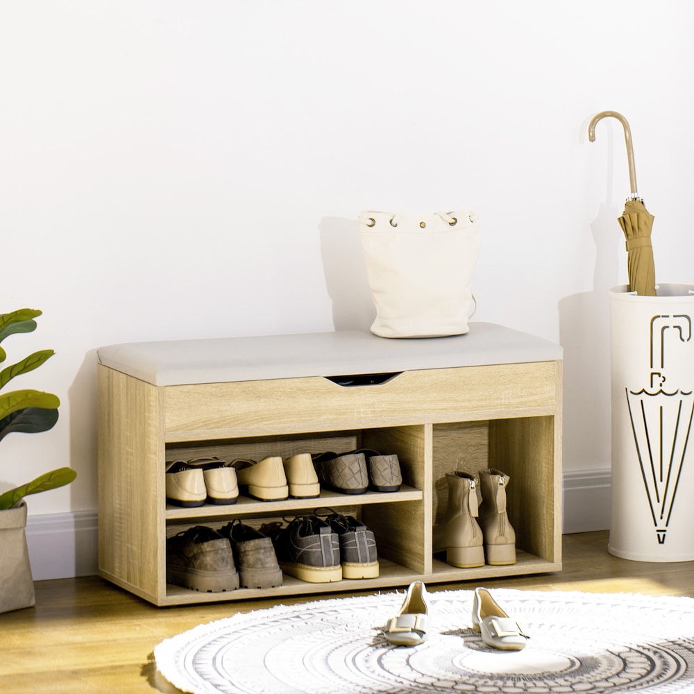 Banc à chaussures avec étagère à 2 niveaux et siège rembourré