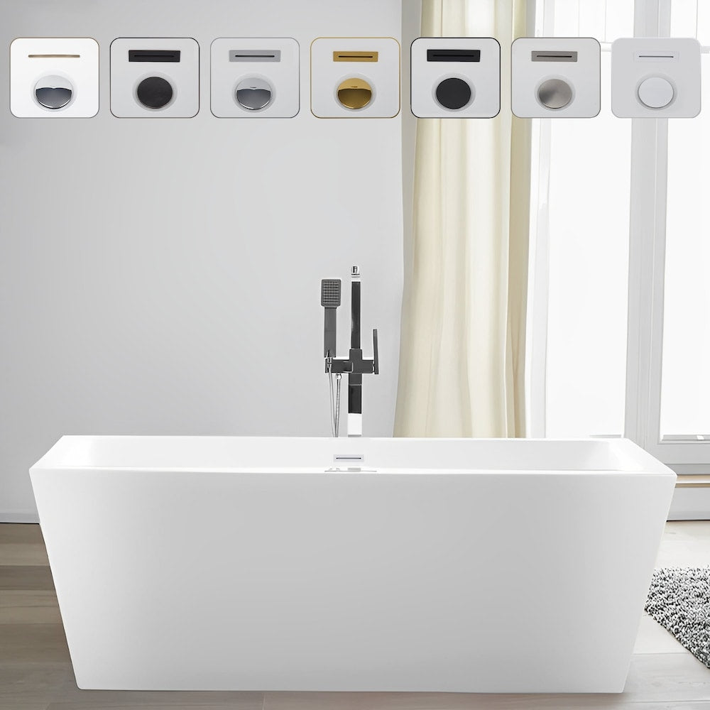 Tarbes 59 inch Freestanding Rectangular Soaker Bathtub with Centre Drain in Pure White