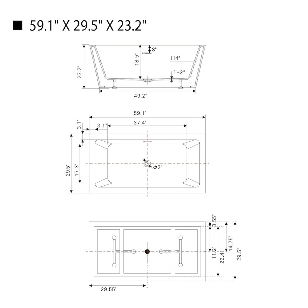 Tarbes 59 inch Freestanding Rectangular Soaker Bathtub with Centre Drain in Pure White