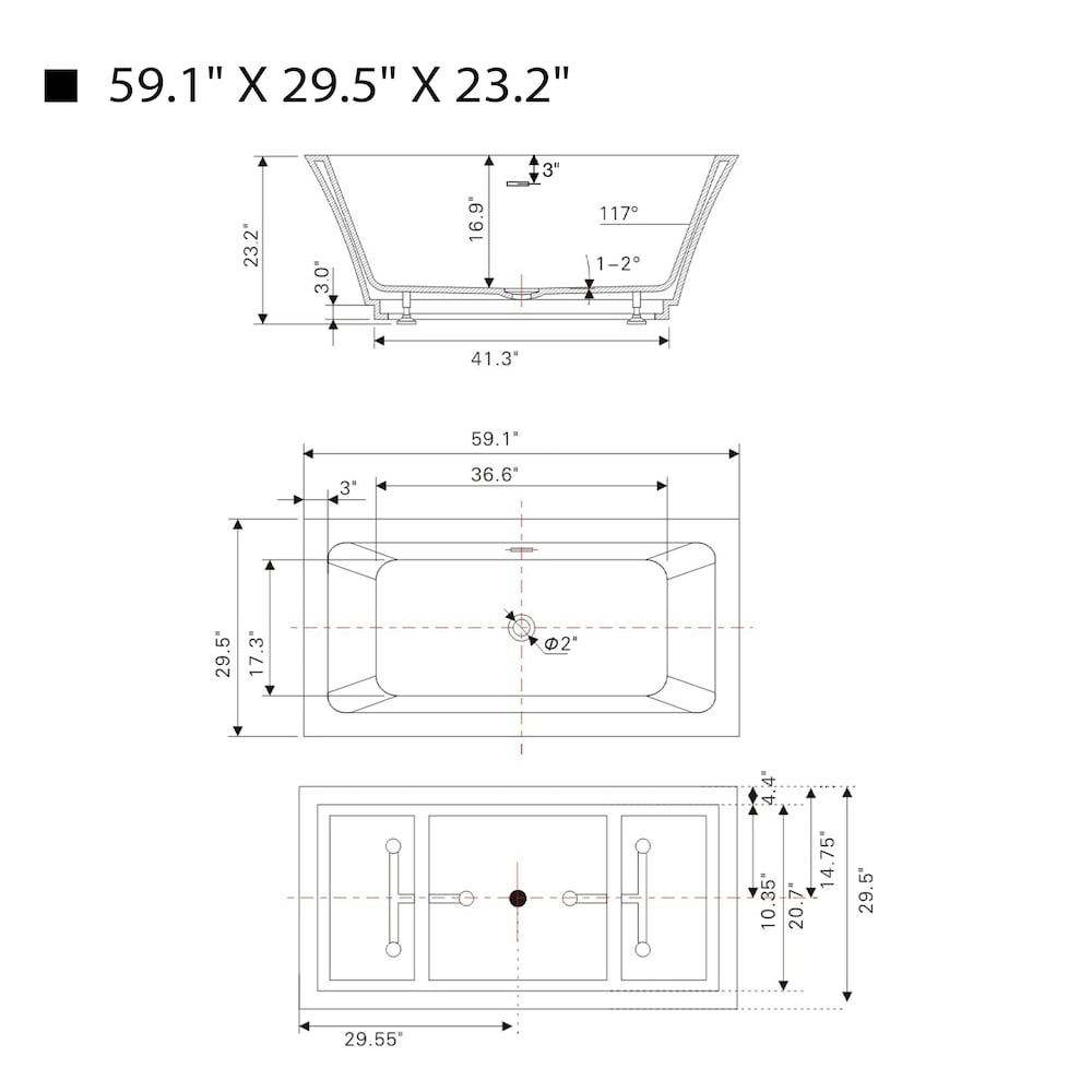 Baignoire autoportante rectangulaire Strasbourgh de 59 pouces avec drain central en chrome/trop-plein intégré