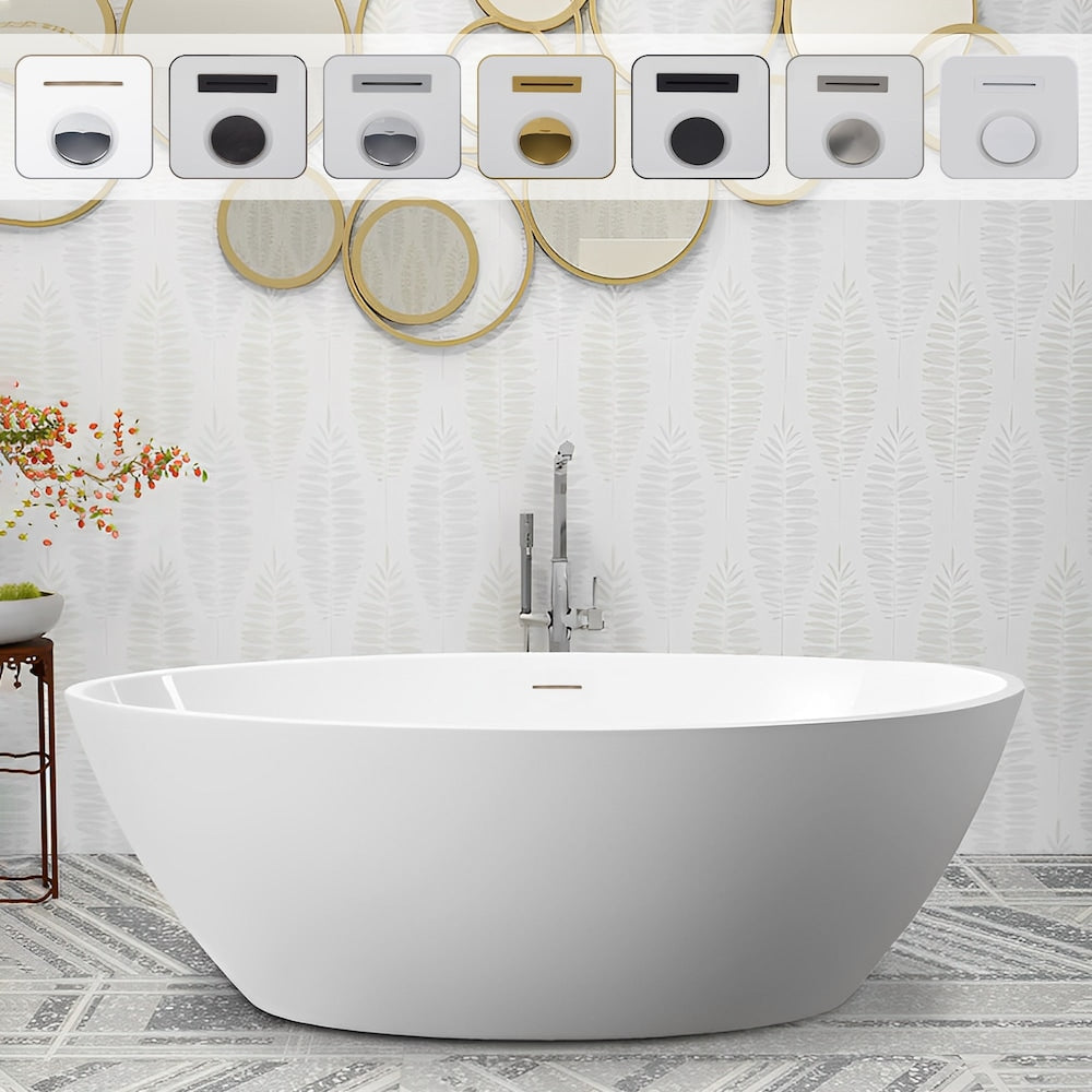 Baignoire autoportante ovale de 5,8 pi avec drain central en blanc/trop-plein intégré