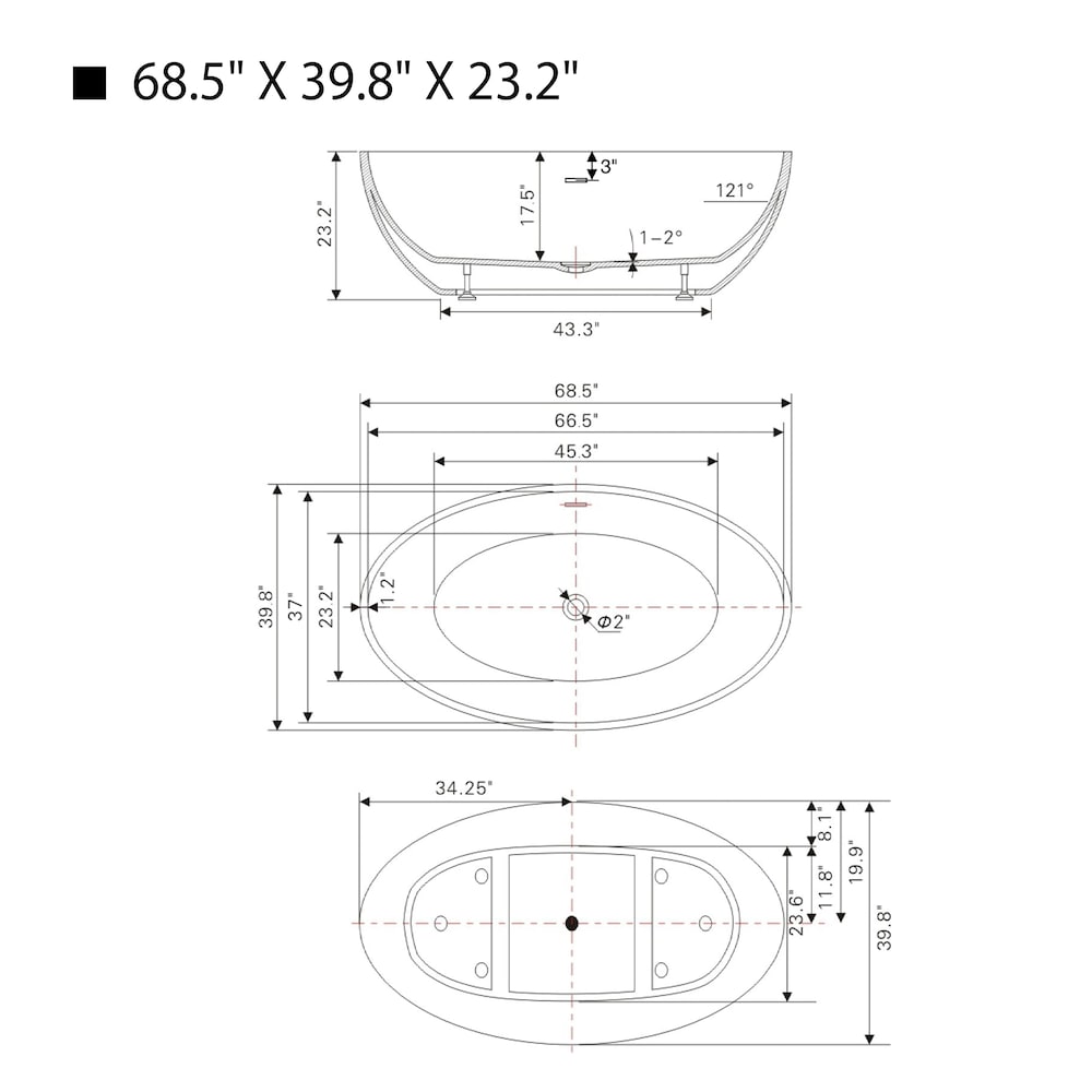 Baignoire autoportante ovale de 5,8 pi avec drain central en blanc/trop-plein intégré