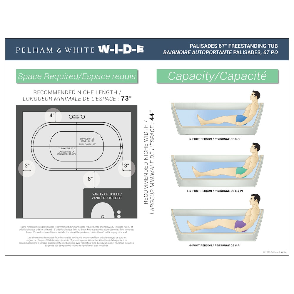 Palisades 67 inch Acrylic Freestanding Oval Bathtub in White, Faucet in Brushed Nickel