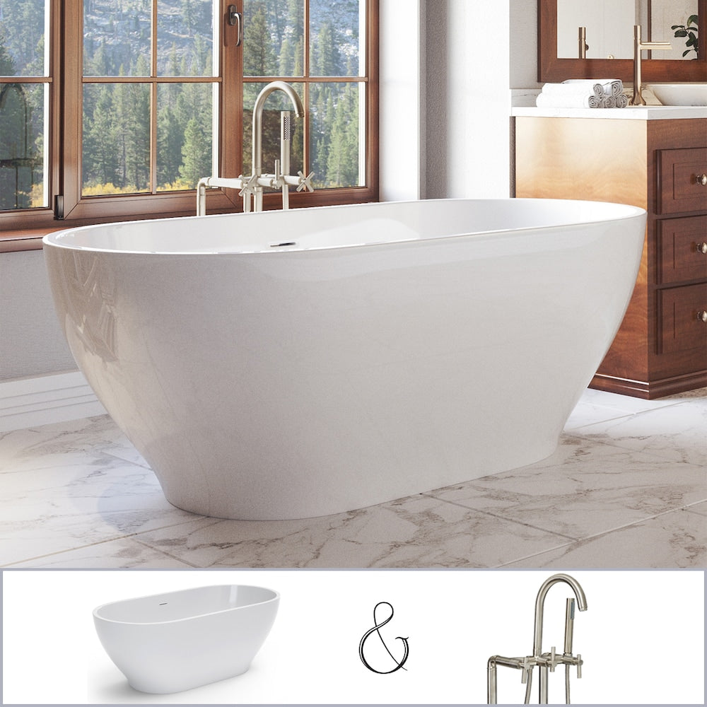 Palisades 67 inch Acrylic Freestanding Oval Bathtub in White, Faucet in Brushed Nickel