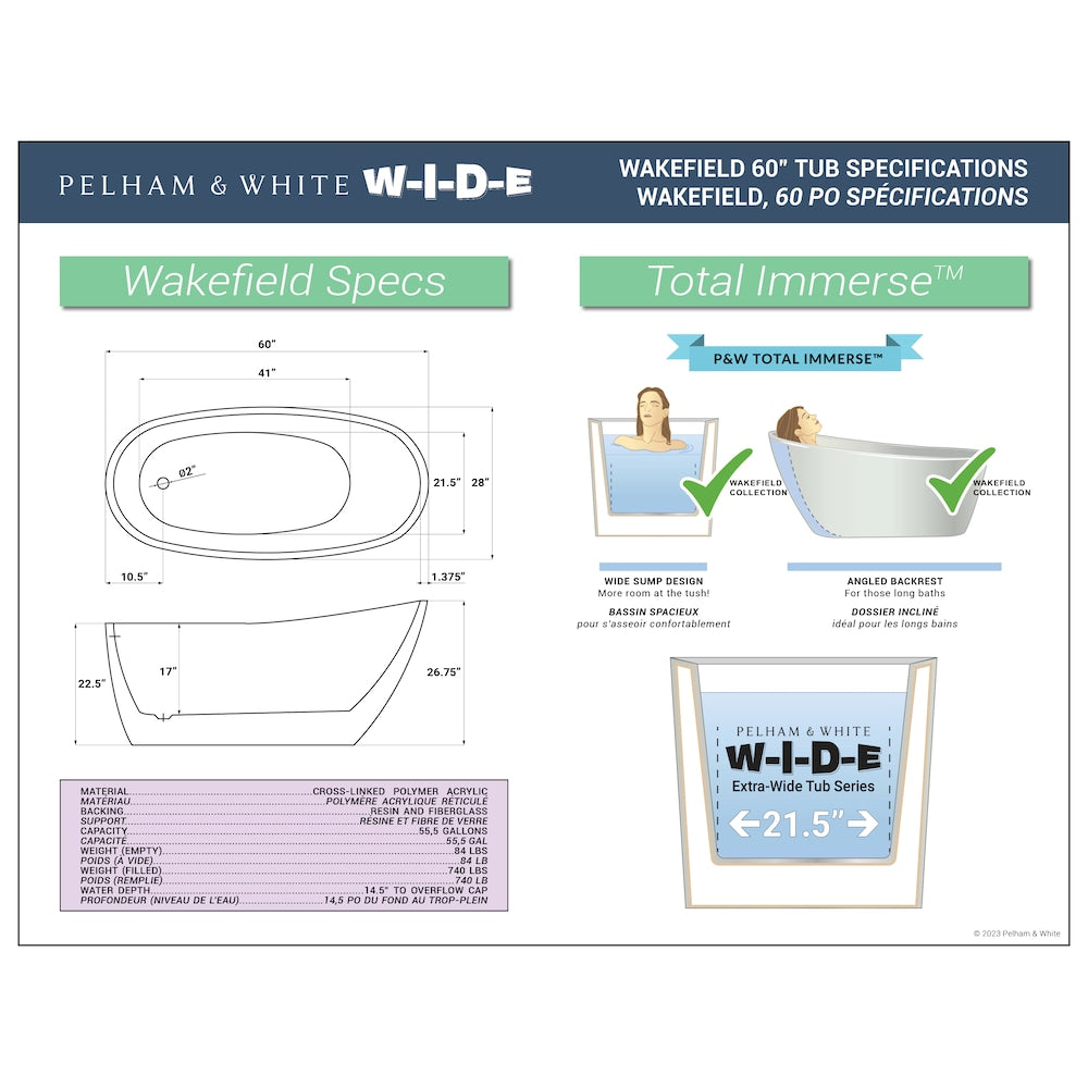 Baignoire autoportante Wakefield de 60 pouces en acrylique blanc, drain blanc