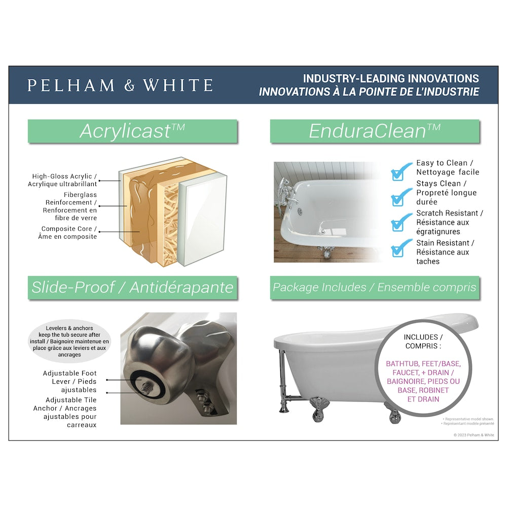 Wakefield 60 inch Acrylic Slipper Freestanding Bathtub in White, Faucet in Brushed Nickel