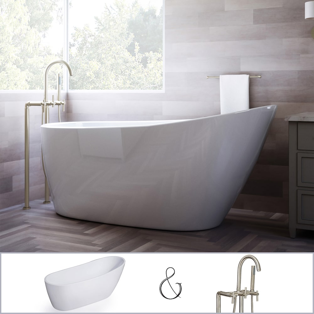 Wakefield 60 inch Acrylic Slipper Freestanding Bathtub in White, Faucet in Brushed Nickel