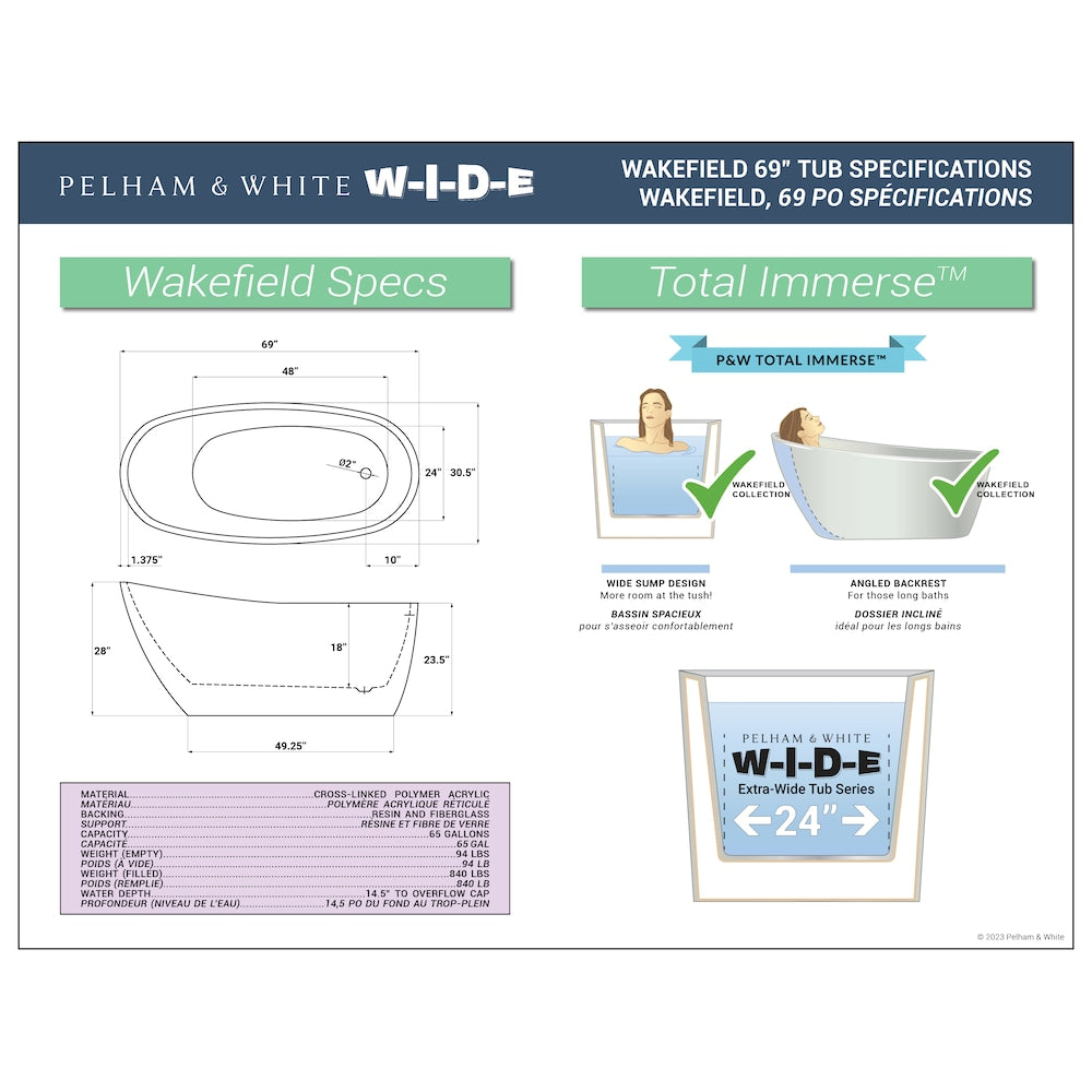 Baignoire autoportante Wakefield de 69 pouces en acrylique blanc, robinet en nickel brossé