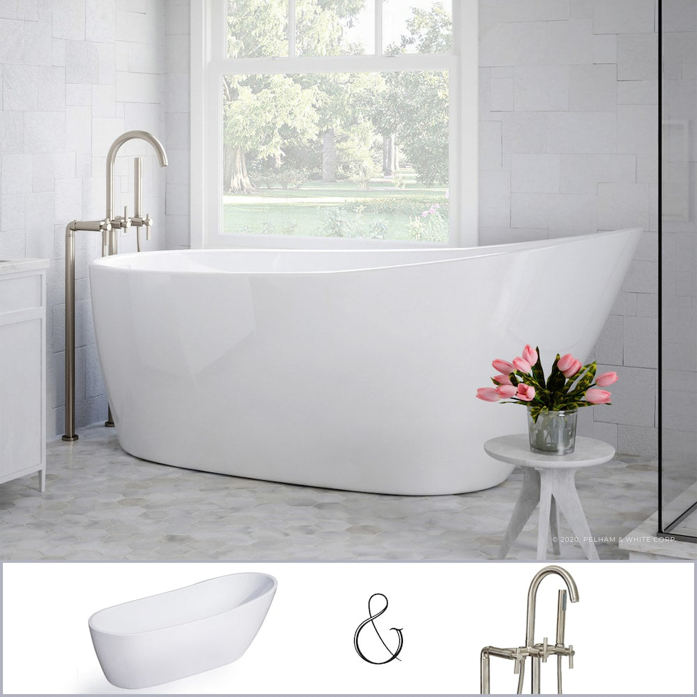 Baignoire autoportante Wakefield de 69 pouces en acrylique blanc, robinet en nickel brossé