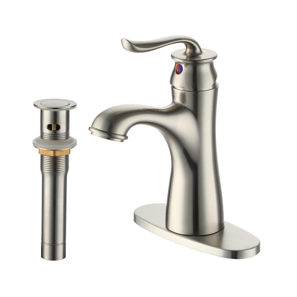 Robinet de salle de bain à poignée unique avec bonde escamotable et plaque de pont en nickel brossé