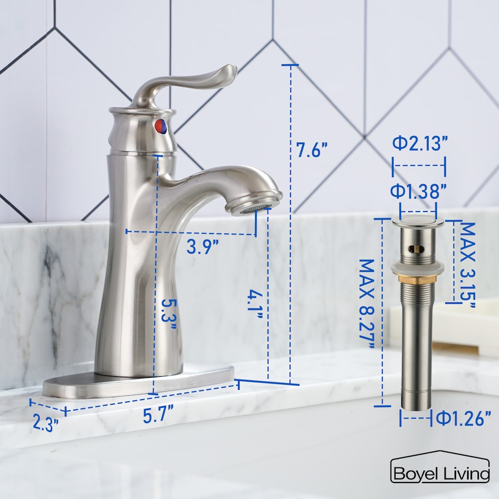 Robinet de salle de bain à poignée unique avec bonde escamotable et plaque de pont en nickel brossé