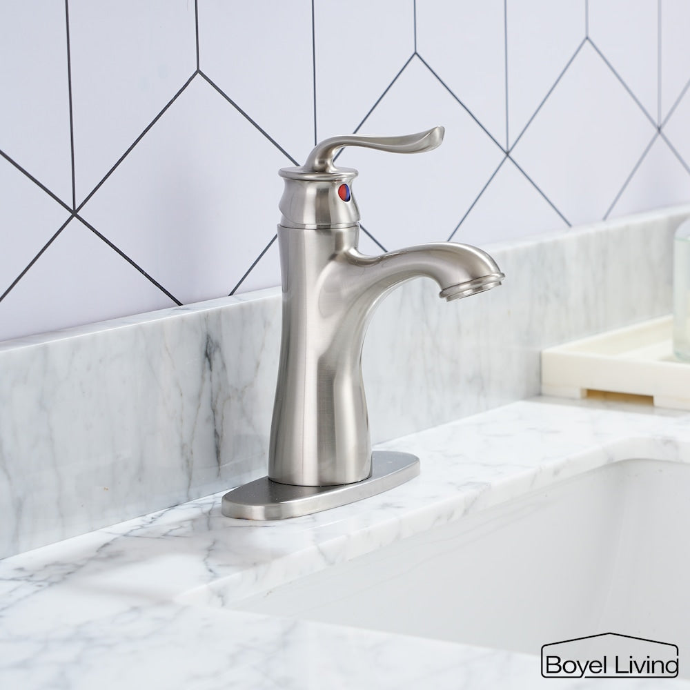 Robinet de salle de bain à poignée unique avec bonde escamotable et plaque de pont en nickel brossé