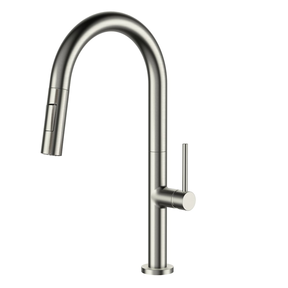 Robinet de cuisine à poignée unique et extractible Moochi-Bn en acier inoxydable avec double jet en nickel brossé