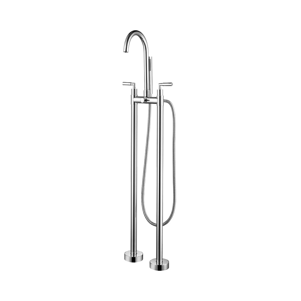 Robinet de baignoire autoportant à 2 poignées, montage au sol, robinet de baignoire avec douchette à main, chrome