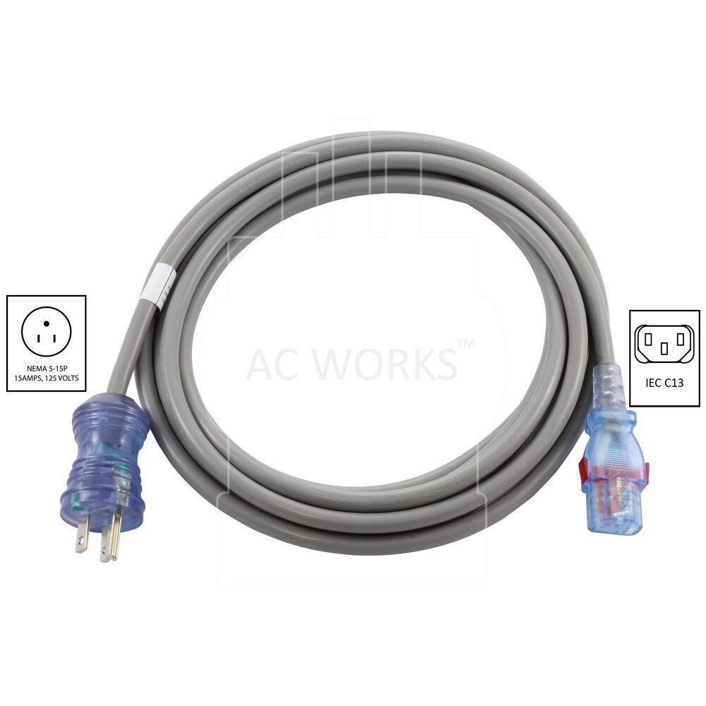 15FT 15 Amp 125 Volt 14/3 Medical-Hospital Grade Power Cord with Locking IEC C13