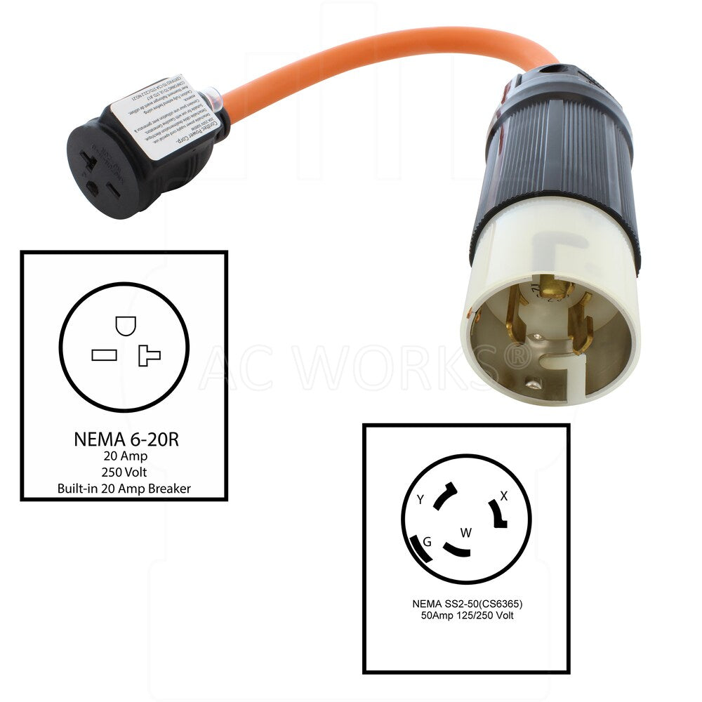 1.5FT 50A CS6365/ SS2-50P Locking Plug to NEMA 6-20R 15/20A 250V Outlet with 20A Breaker