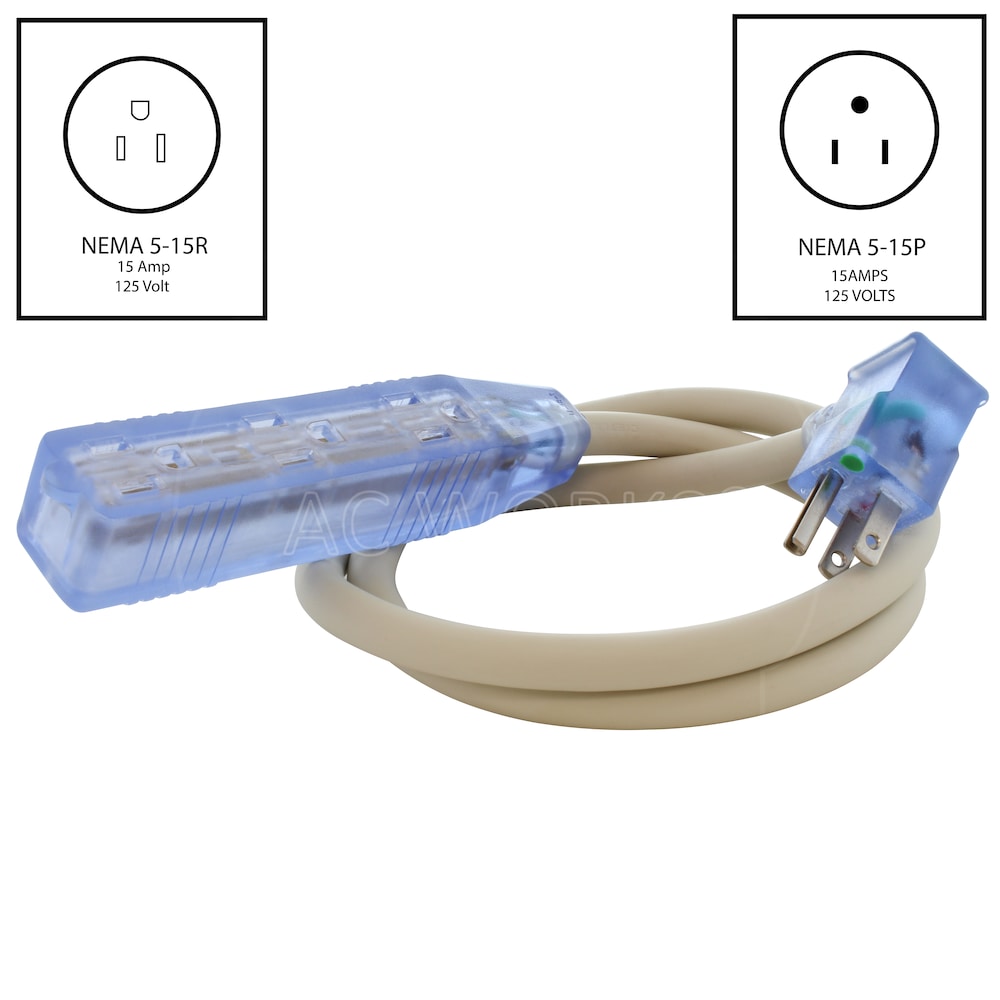 3FT 15 Amp 12/3 Power Strip Cord with Power Indicator and Green Dot Plug