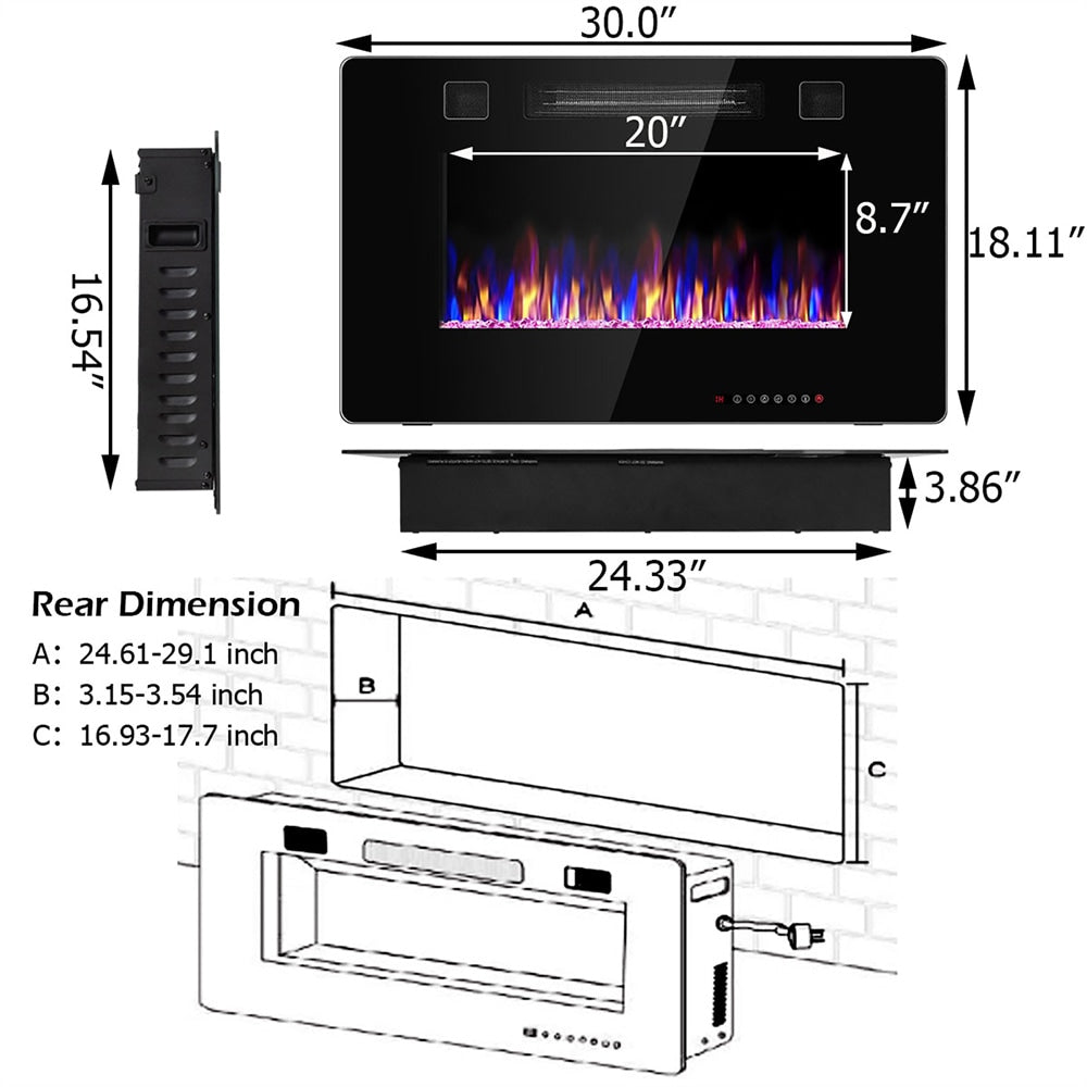Cheminée électrique encastrée Ultra fine, chauffage mural, flamme multicolore, 30 pouces