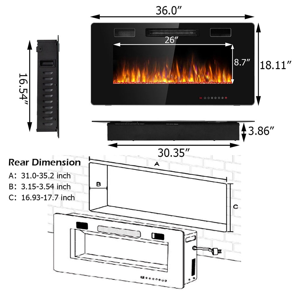 Cheminée électrique encastrée Ultra fine, chauffage mural, flamme multicolore, 36 pouces