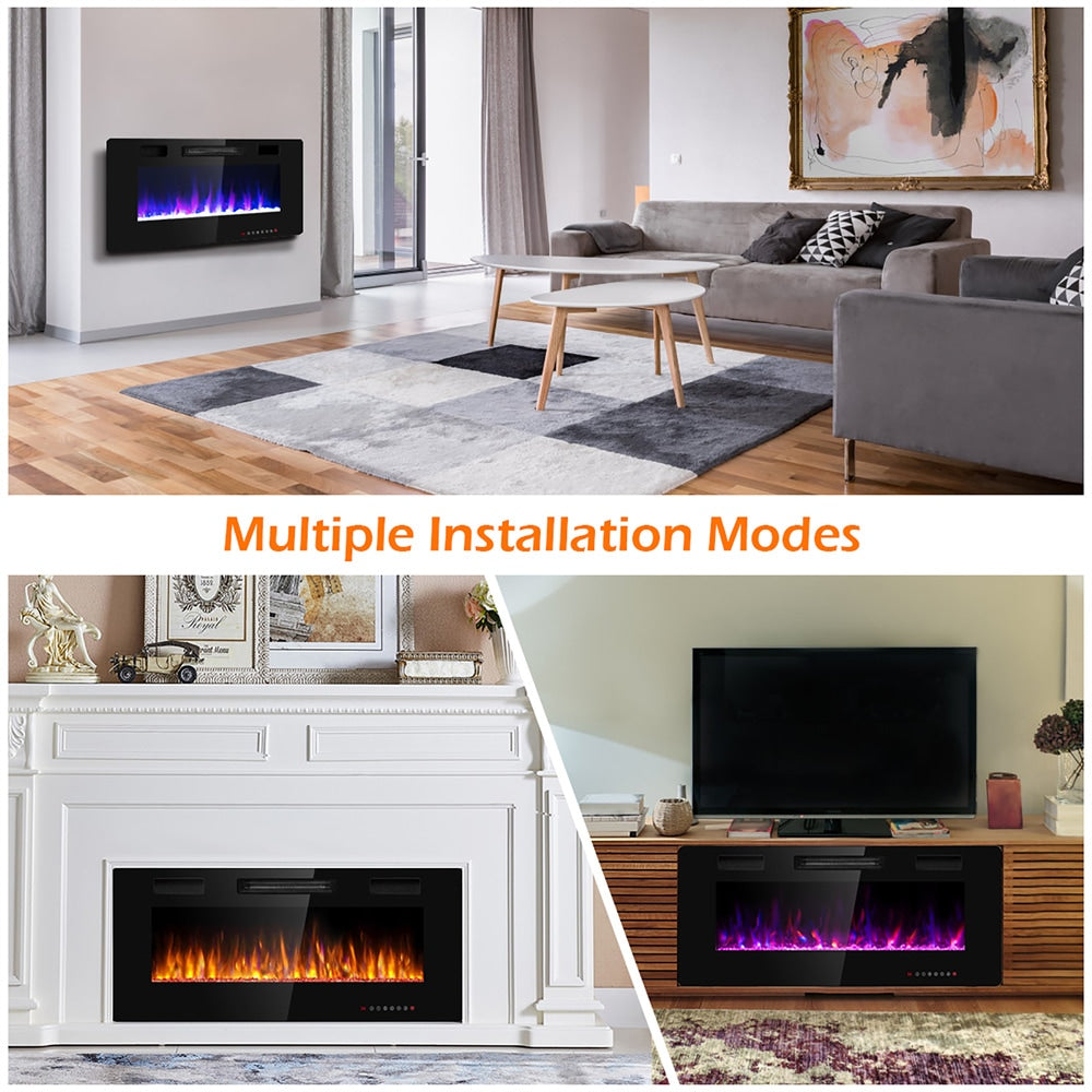 Foyer électrique encastré ultra fin de 42 pouces, chauffage mural, flamme multicolore