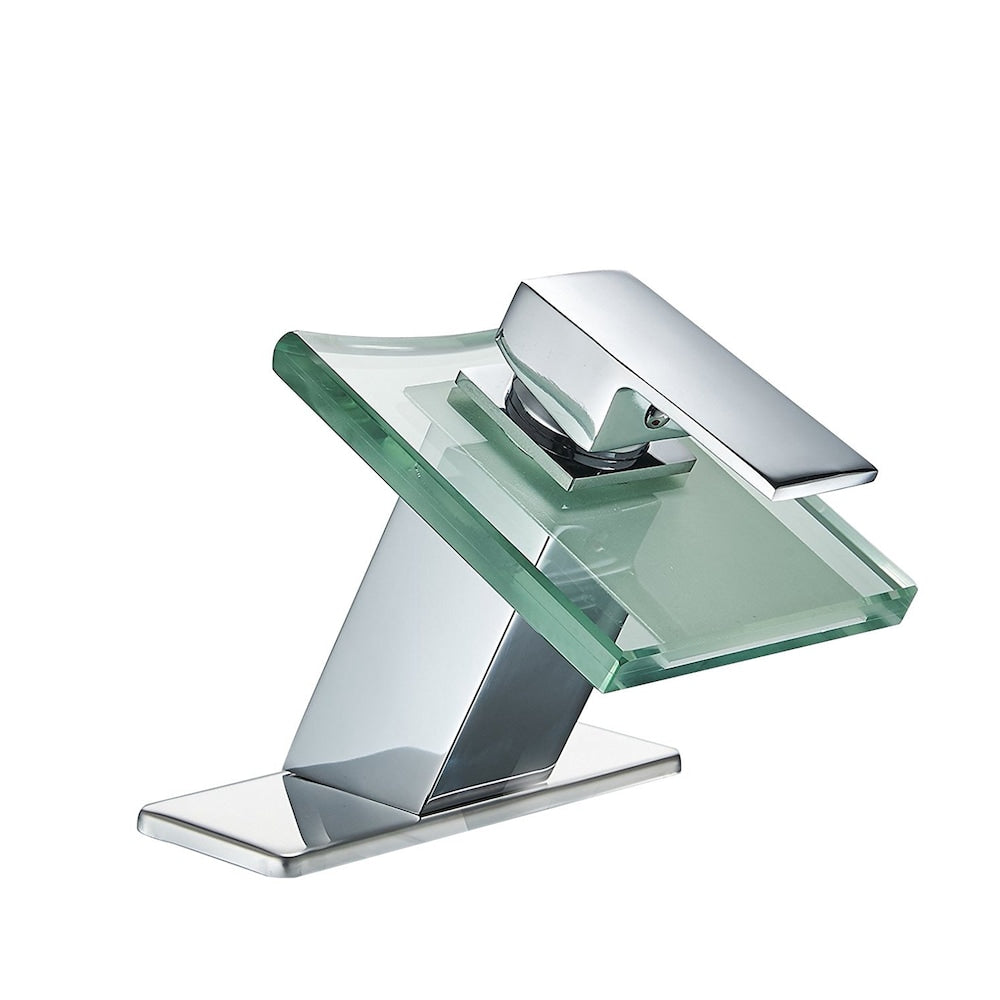 Robinet de salle de bain à un trou et à poignée unique en cascade avec bec en verre en chrome poli