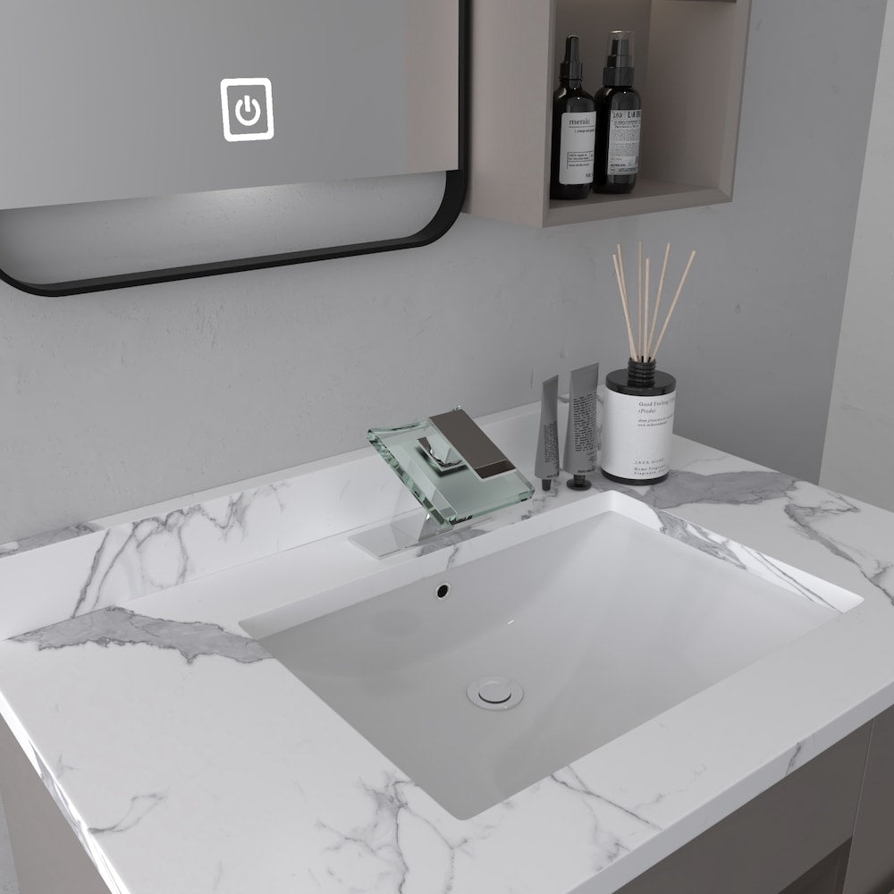 Robinet de salle de bain à un trou et à poignée unique en cascade avec bec en verre en chrome poli