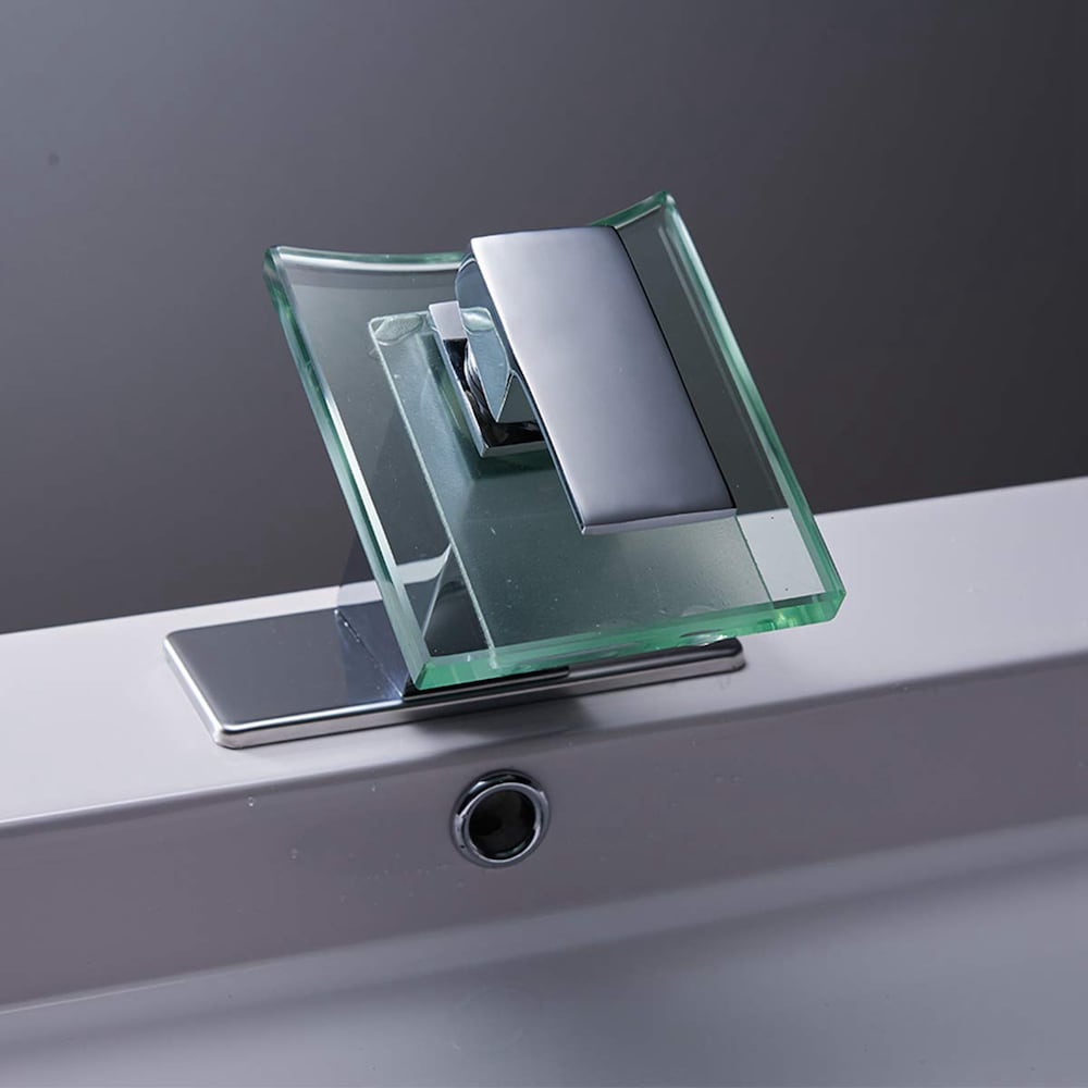 Robinet de salle de bain à un trou et à poignée unique en cascade avec bec en verre en chrome poli